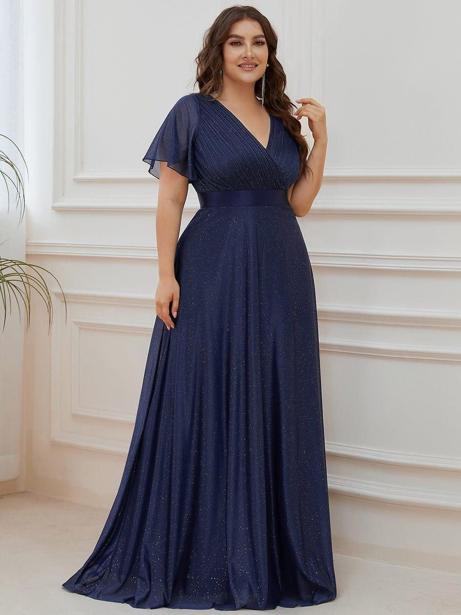 Long Shimmery Flutter Sleeve Pleated V-Neck Evening Dress