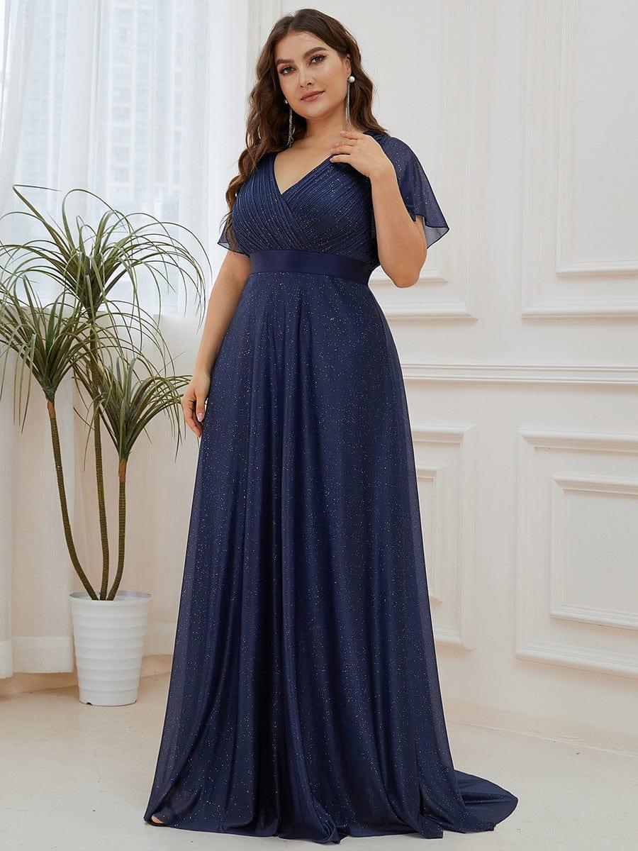 Long Shimmery Flutter Sleeve Pleated V-Neck Evening Dress #color_Navy Blue