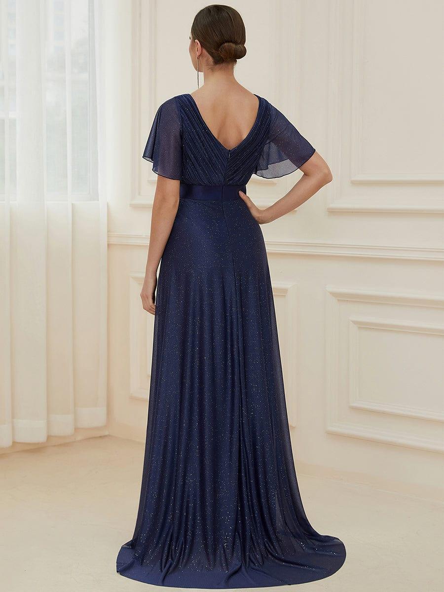 Long Shimmery Flutter Sleeve Pleated V-Neck Evening Dress #color_Navy Blue