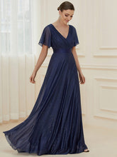 Long Shimmery Flutter Sleeve Pleated V-Neck Evening Dress #color_Navy Blue