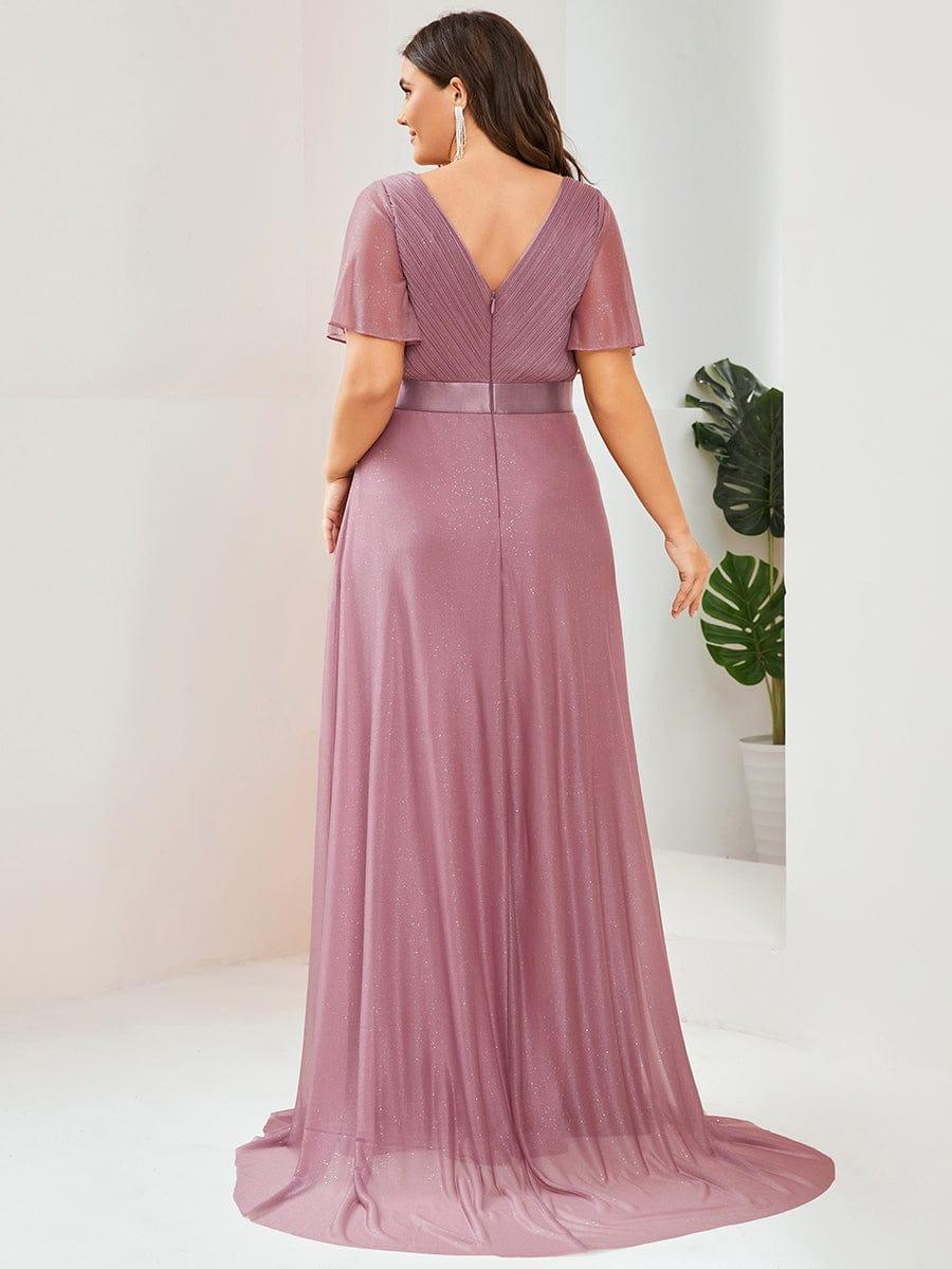 Long Shimmery Flutter Sleeve Pleated V-Neck Evening Dress #color_Purple Orchid