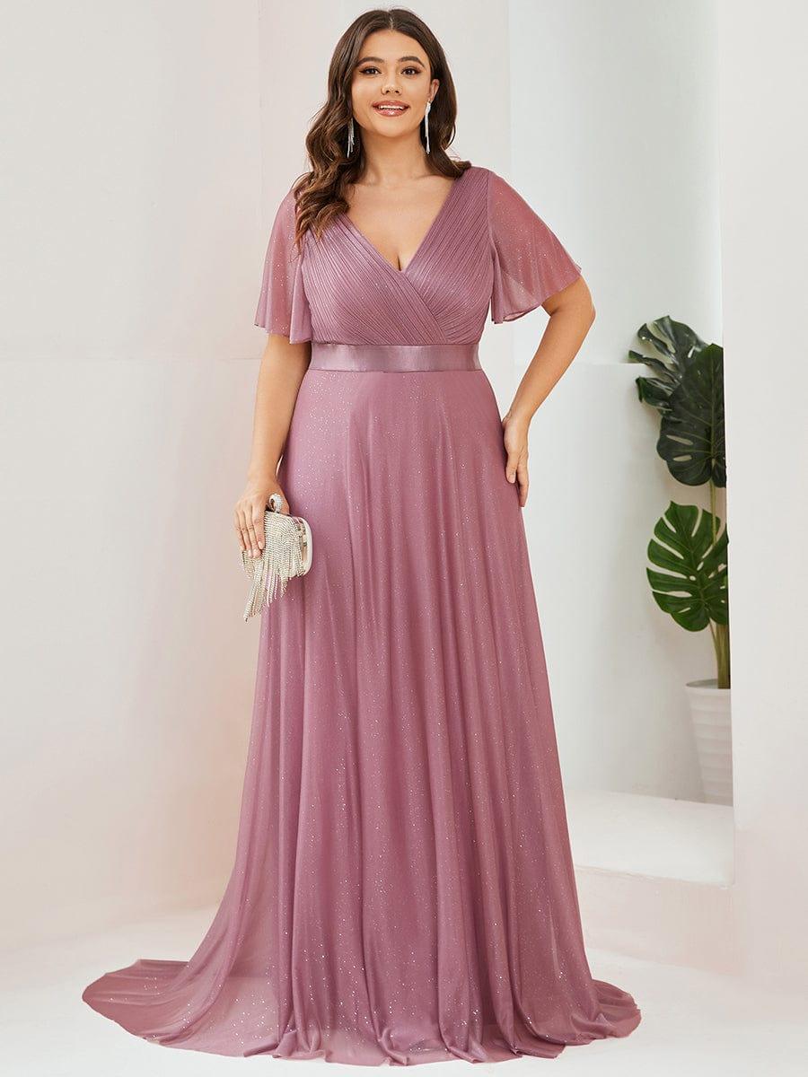 Long Shimmery Flutter Sleeve Pleated V-Neck Evening Dress #color_Purple Orchid