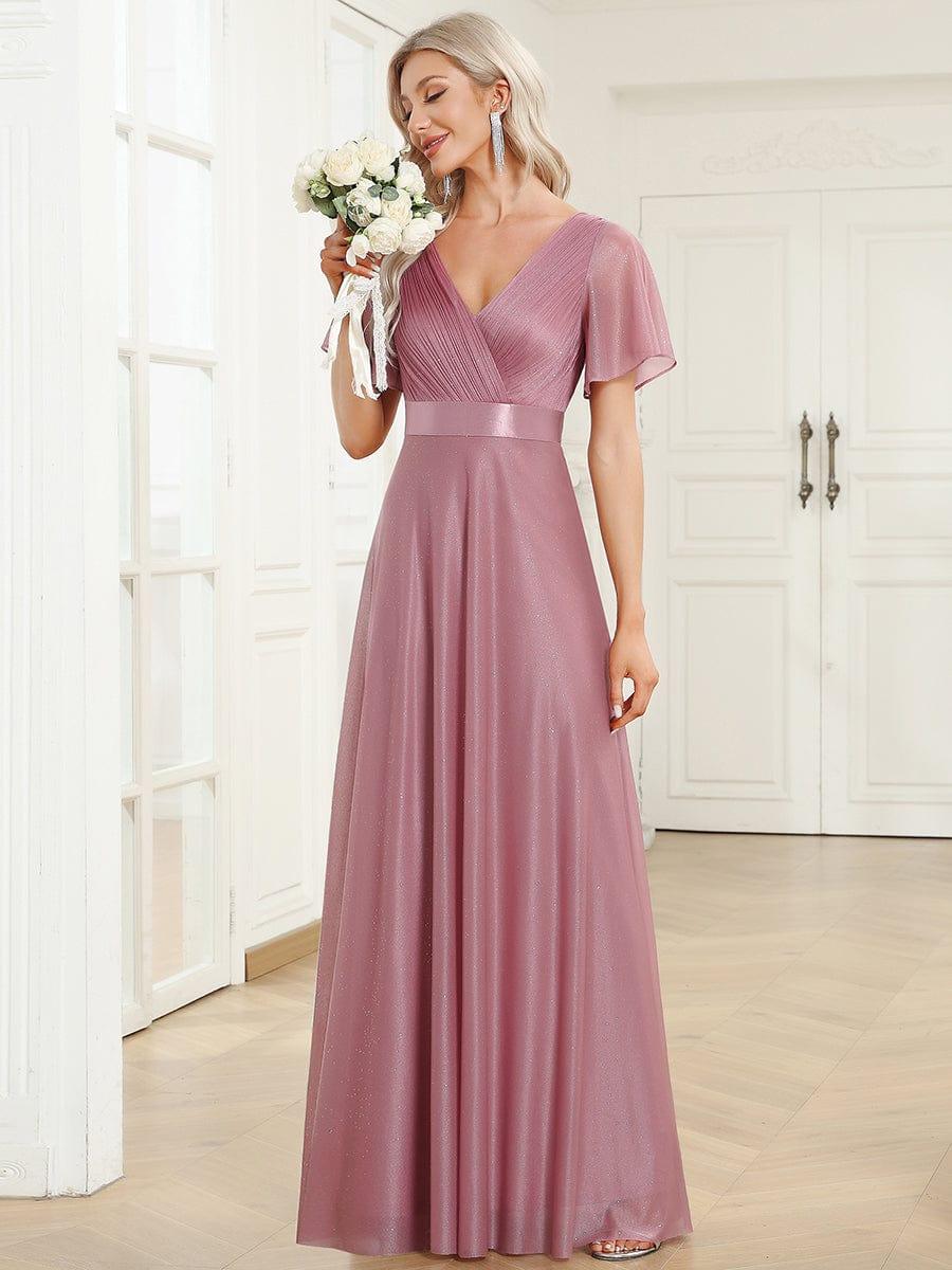 Long Shimmery Flutter Sleeve Pleated V-Neck Evening Dress #color_Purple Orchid