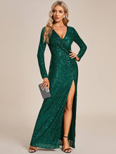 Sequin V-Neck Long Sleeves High Slit Evening Dress  #color_Dark Green