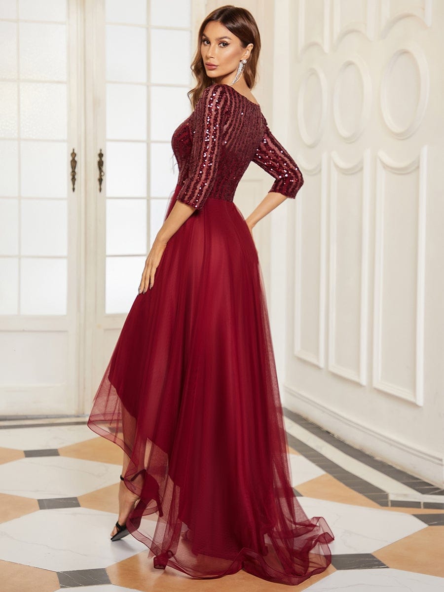 3/4 Sleeve Sequin V Neck High Low Evening Dress #color_Burgundy