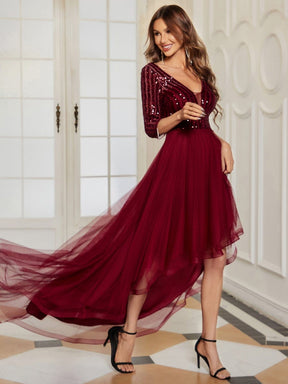 3/4 Sleeve Sequin V Neck High Low Evening Dress