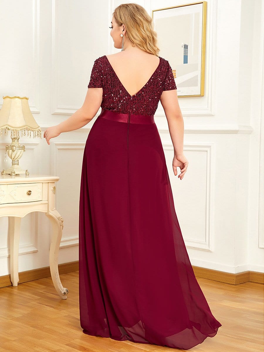 Plus Size Sequin Short Sleeve High Low Evening Dress #color_Burgundy