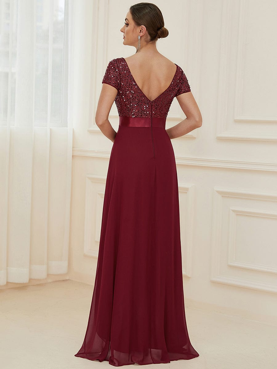 Sequin Short Sleeve High Low Evening Dress #color_Burgundy