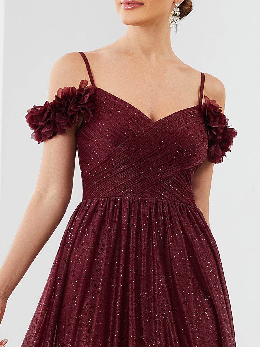 Shining Off-Shoulder Floral V-Neck Evening Dress