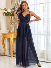 Maxi Long V Neck A-Line Sleeveless Evening Dress #color_Navy Blue