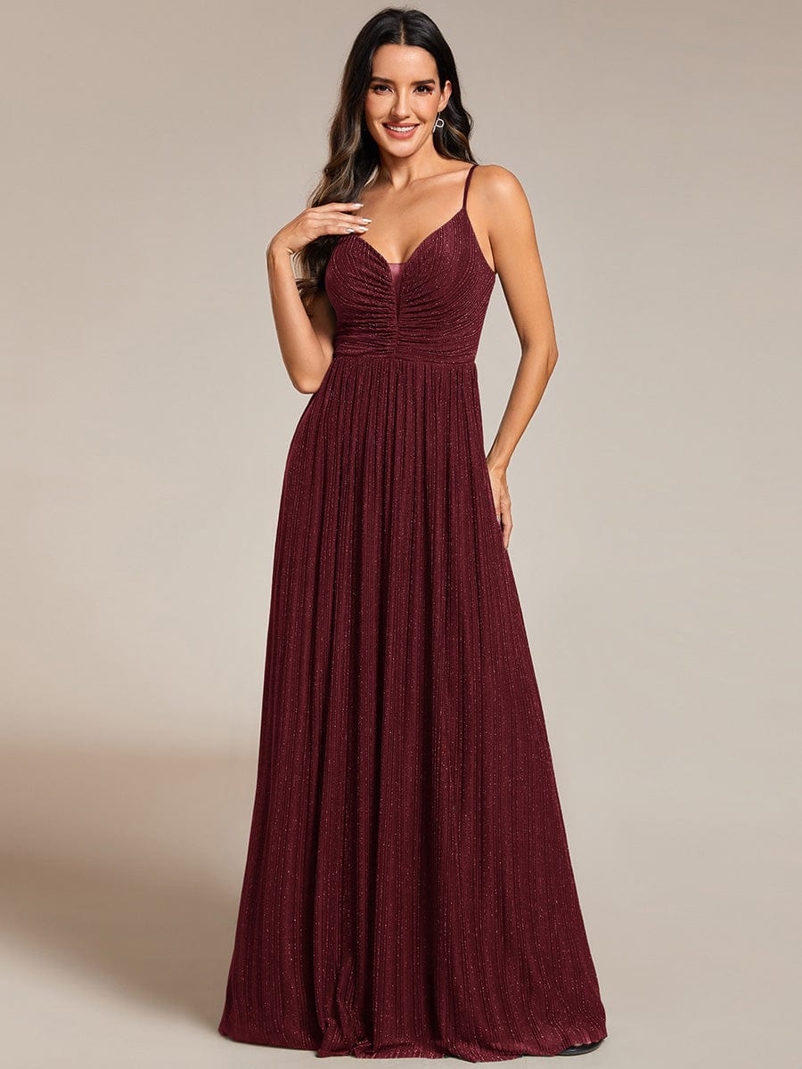 Glittering Pleated Spaghetti Straps Evening Dress with Empire Waist #color_Burgundy