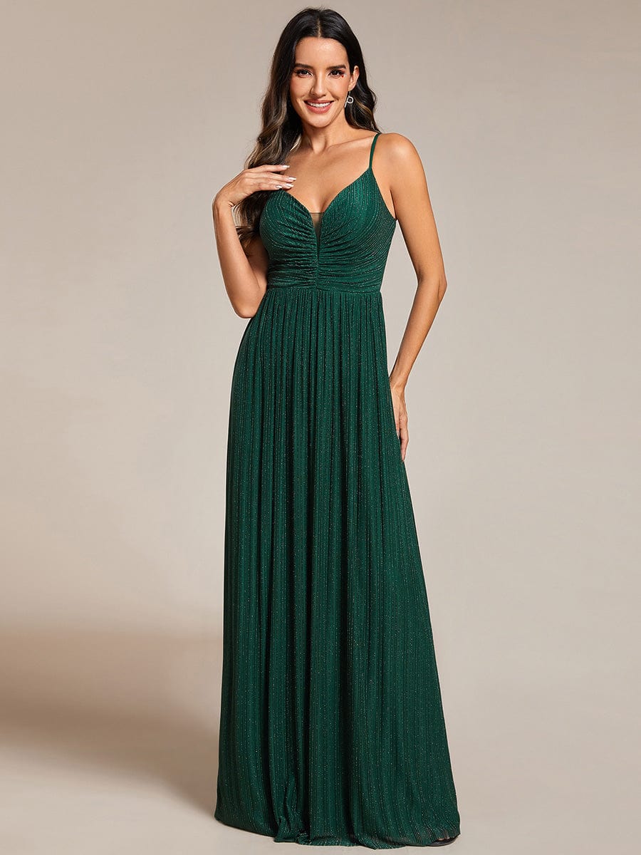 Glittering Pleated Spaghetti Straps Evening Dress with Empire Waist
