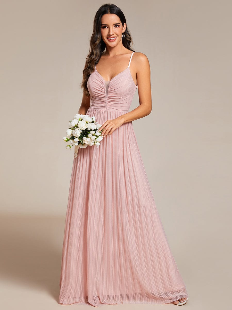 Glittering Pleated Spaghetti Straps Evening Dress with Empire Waist #color_Pink