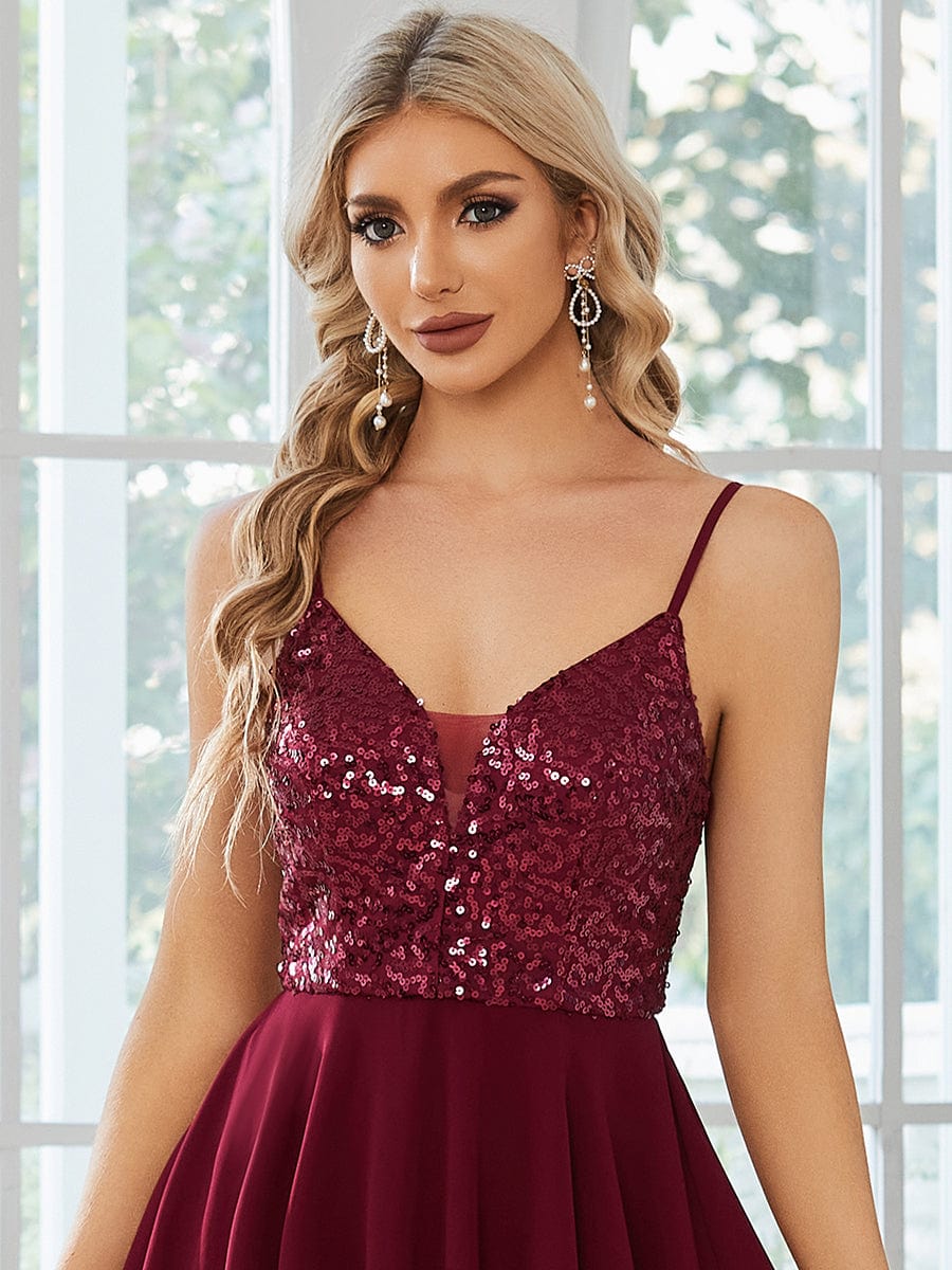 Sparkly Sequin Bodice Spaghetti Strap Short Wedding Guest Dress