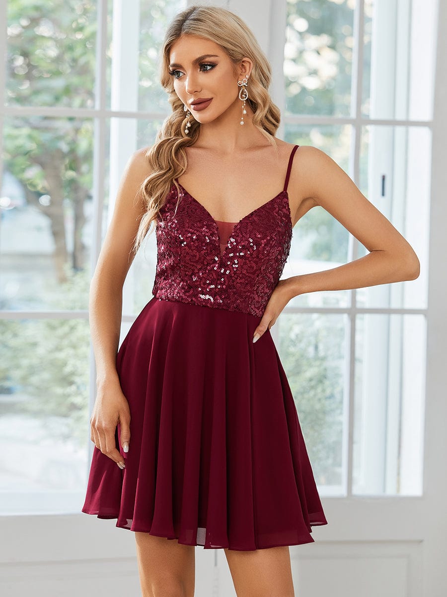 Sparkly Sequin Bodice Spaghetti Strap Short Wedding Guest Dress