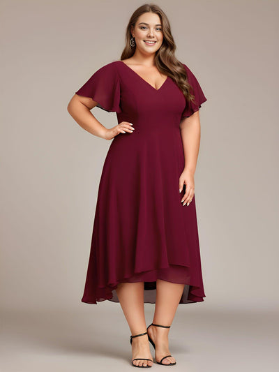 Plus Size High Low Chiffon Wedding Guest Dress with V-Neck and Ruffle Sleeves #Color_Burgundy