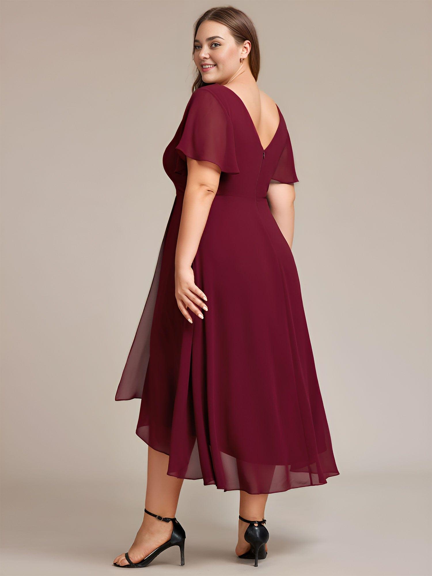 Plus Size High Low Chiffon Wedding Guest Dress with V-Neck and Ruffle Sleeves #Color_Burgundy