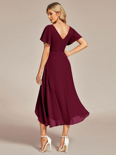 High Low Chiffon Wedding Guest Dress with V-Neck and Ruffle Sleeves #Color_Burgundy