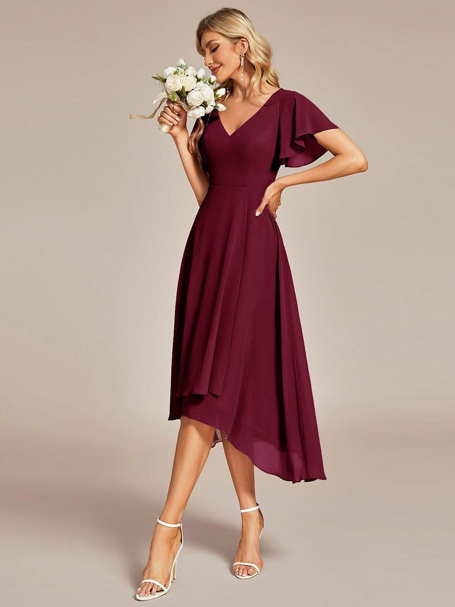 High Low Chiffon Wedding Guest Dress with V-Neck and Ruffle Sleeves #Color_Burgundy