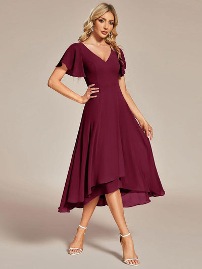High Low Chiffon Wedding Guest Dress with V-Neck and Ruffle Sleeves #Color_Burgundy