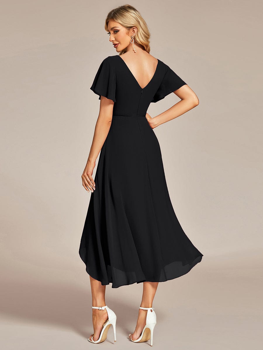 High Low Chiffon Wedding Guest Dress with V-Neck and Ruffle Sleeves #Color_Black