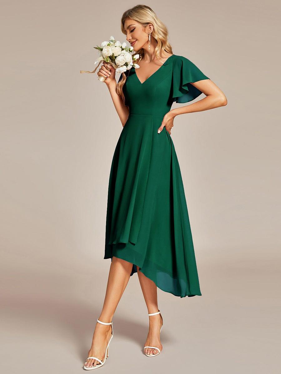 High Low Chiffon Wedding Guest Dress with V-Neck and Ruffle Sleeves #Color_Dark Green
