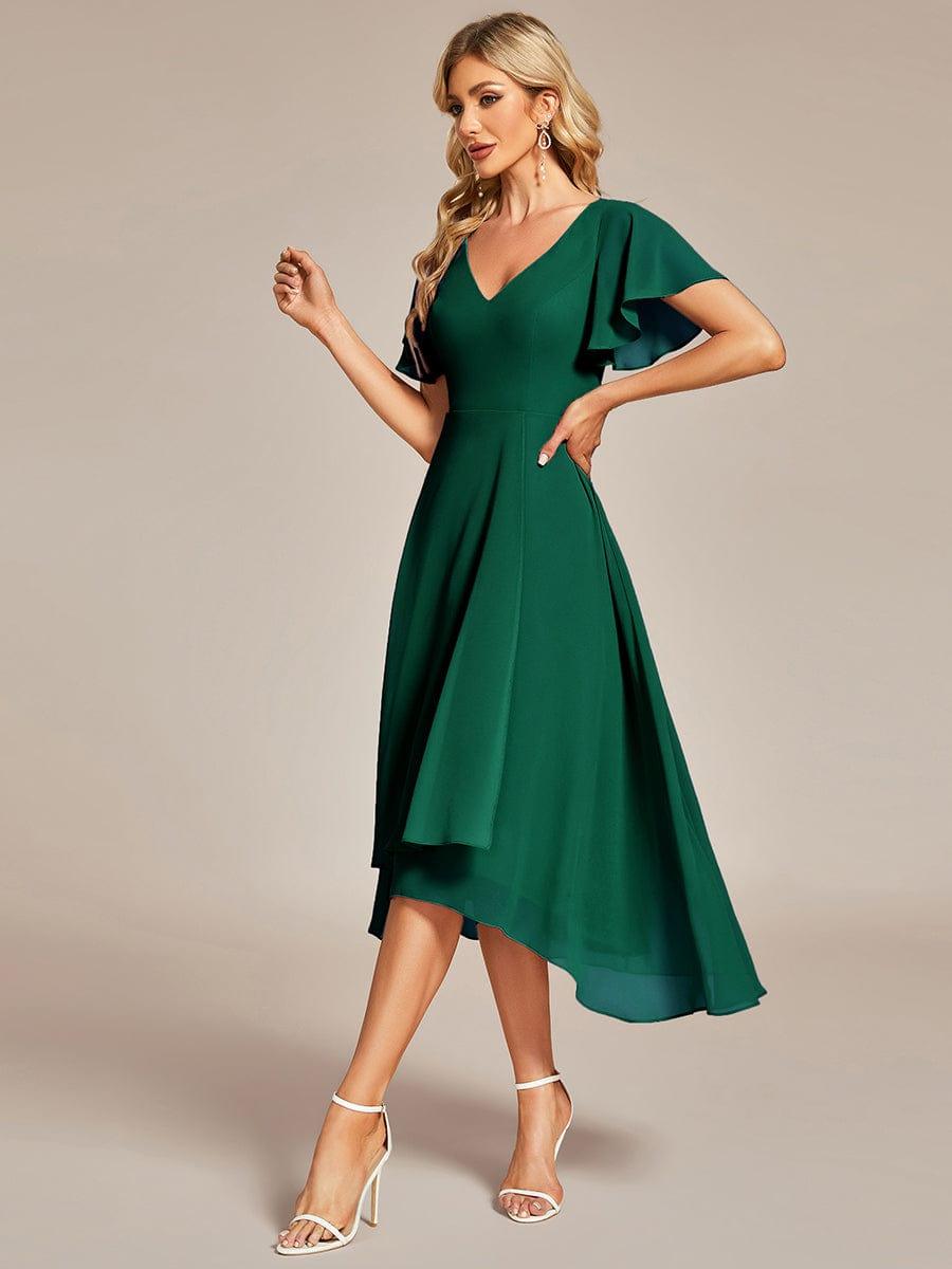 High Low Chiffon Wedding Guest Dress with V-Neck and Ruffle Sleeves #Color_Dark Green