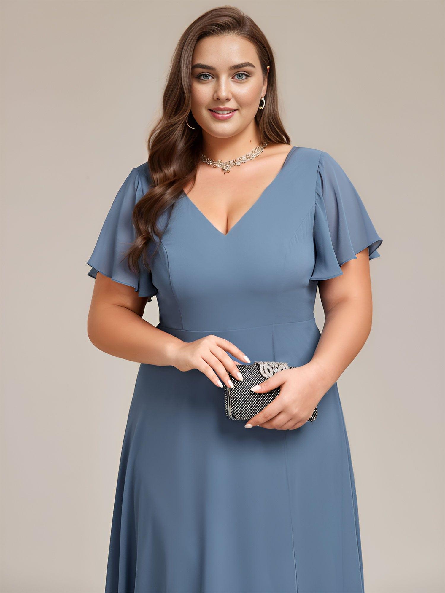 Plus Size High Low Chiffon Wedding Guest Dress with V-Neck and Ruffle Sleeves #color_Dusty Blue
