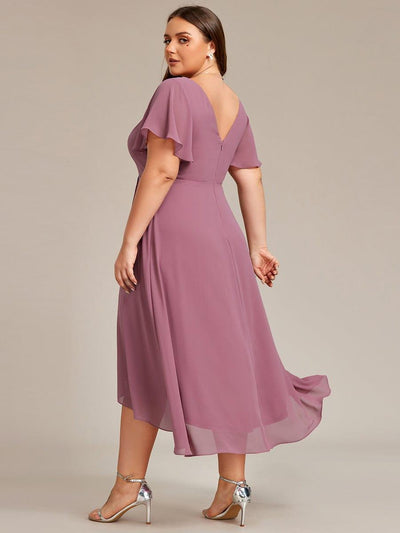 Plus Size High Low Chiffon Wedding Guest Dress with V-Neck and Ruffle Sleeves #Color_Purple Orchid