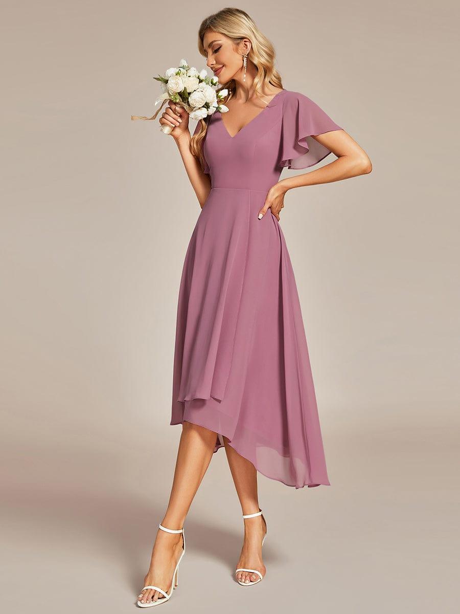 High Low Chiffon Wedding Guest Dress with V-Neck and Ruffle Sleeves #Color_Purple Orchid