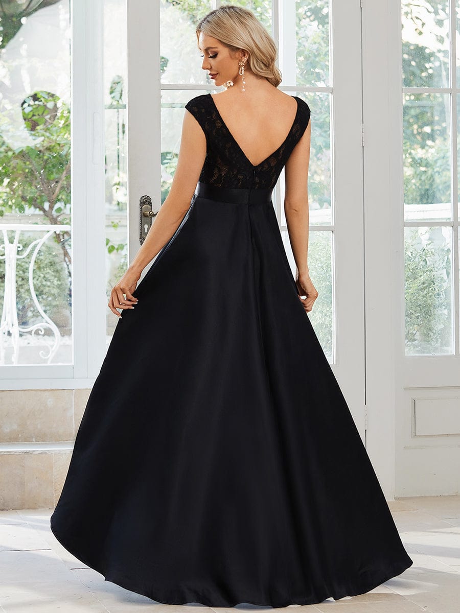 Elegant Sleeveless High-low Lace Top Wedding Guest Dress #color_Black