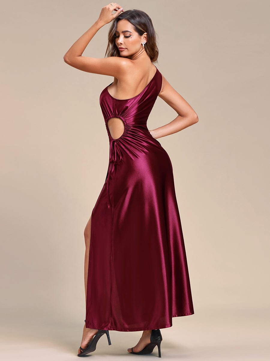 Elegant One Shoulder Cut Out High Split Satin Wedding Guest Dress #color_Burgundy