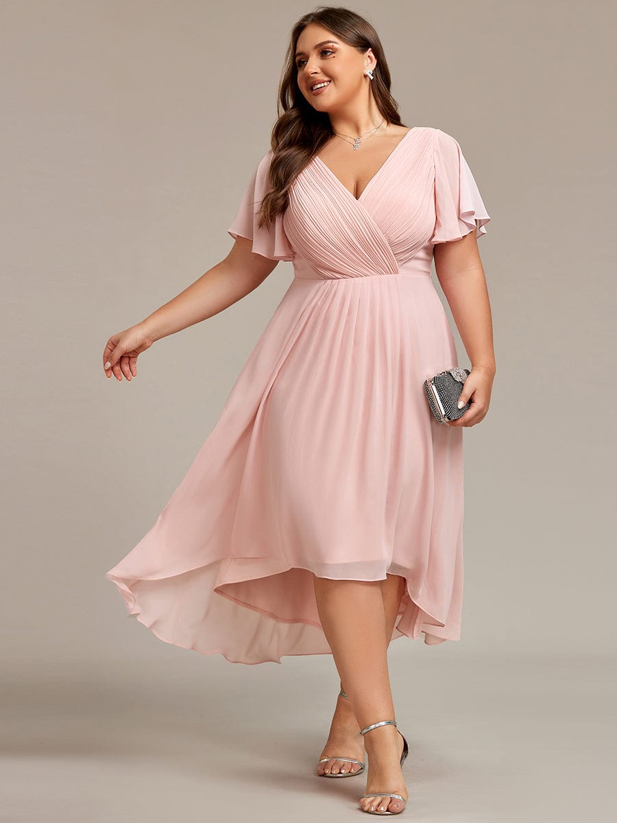 Plus Size V-Neck High-Low Chiffon Wedding Guest Dress #color_Pink