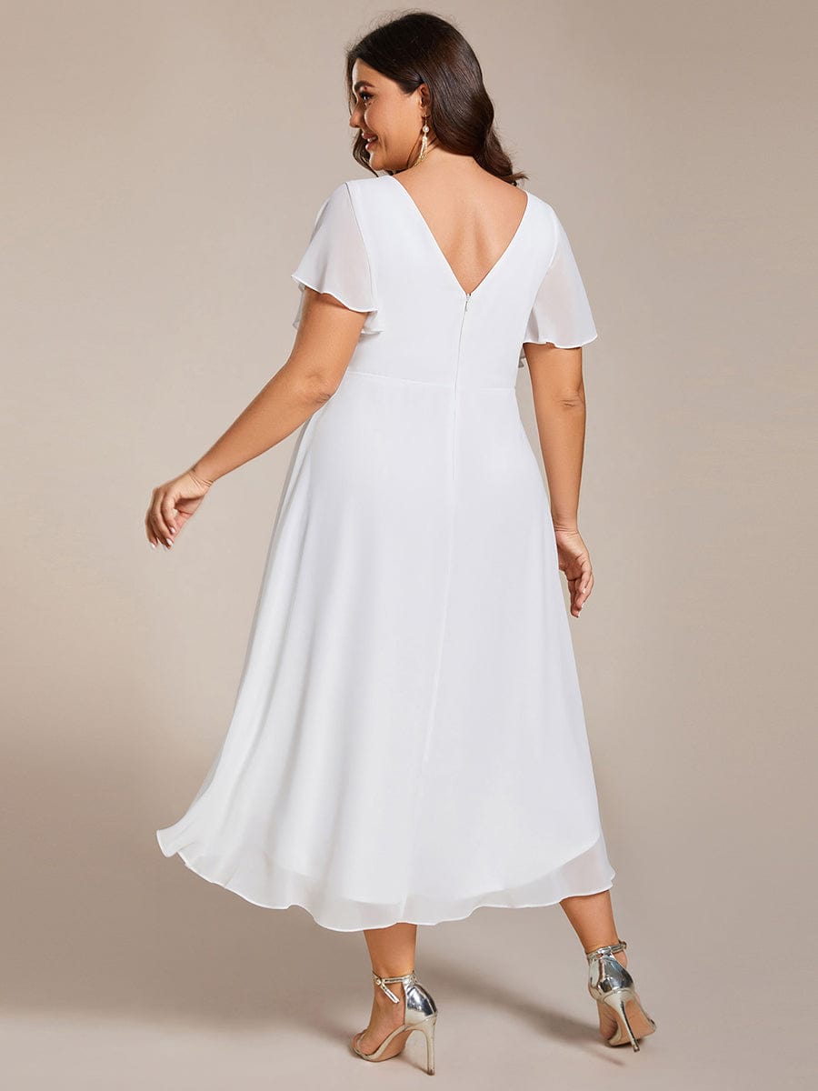 Plus Size V-Neck High-Low Chiffon Wedding Guest Dress #color_White