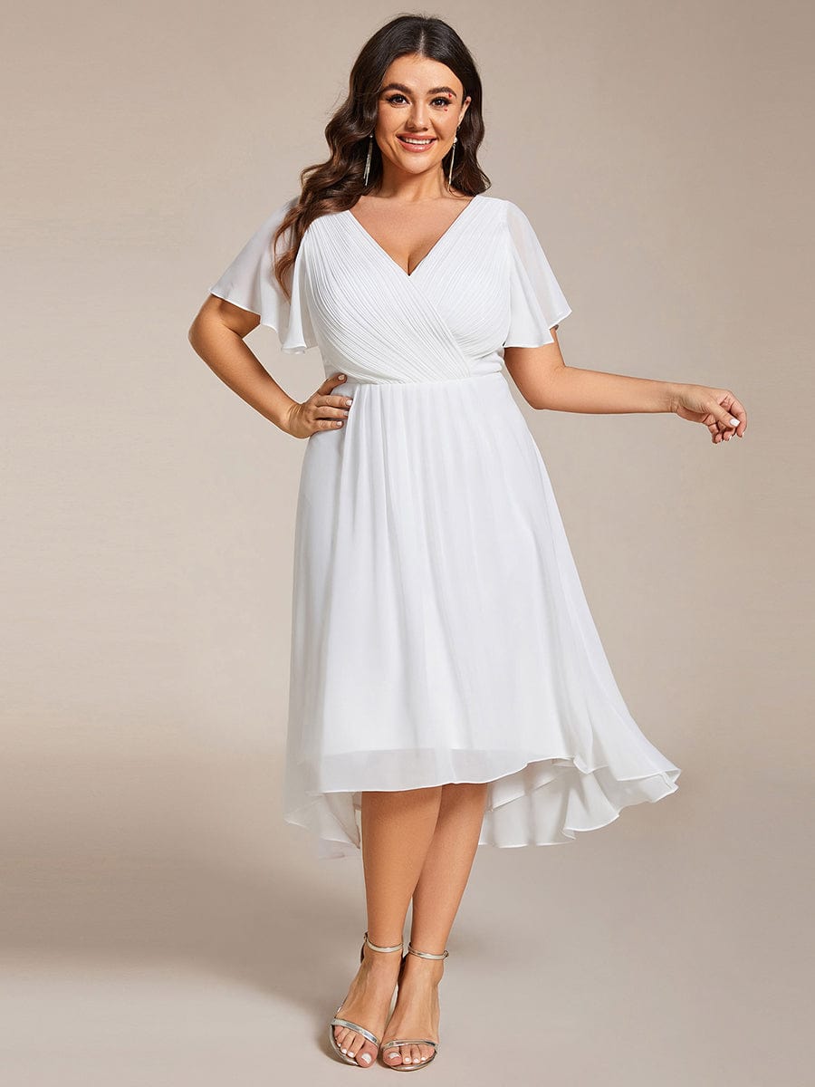 Plus Size V-Neck High-Low Chiffon Wedding Guest Dress #color_White