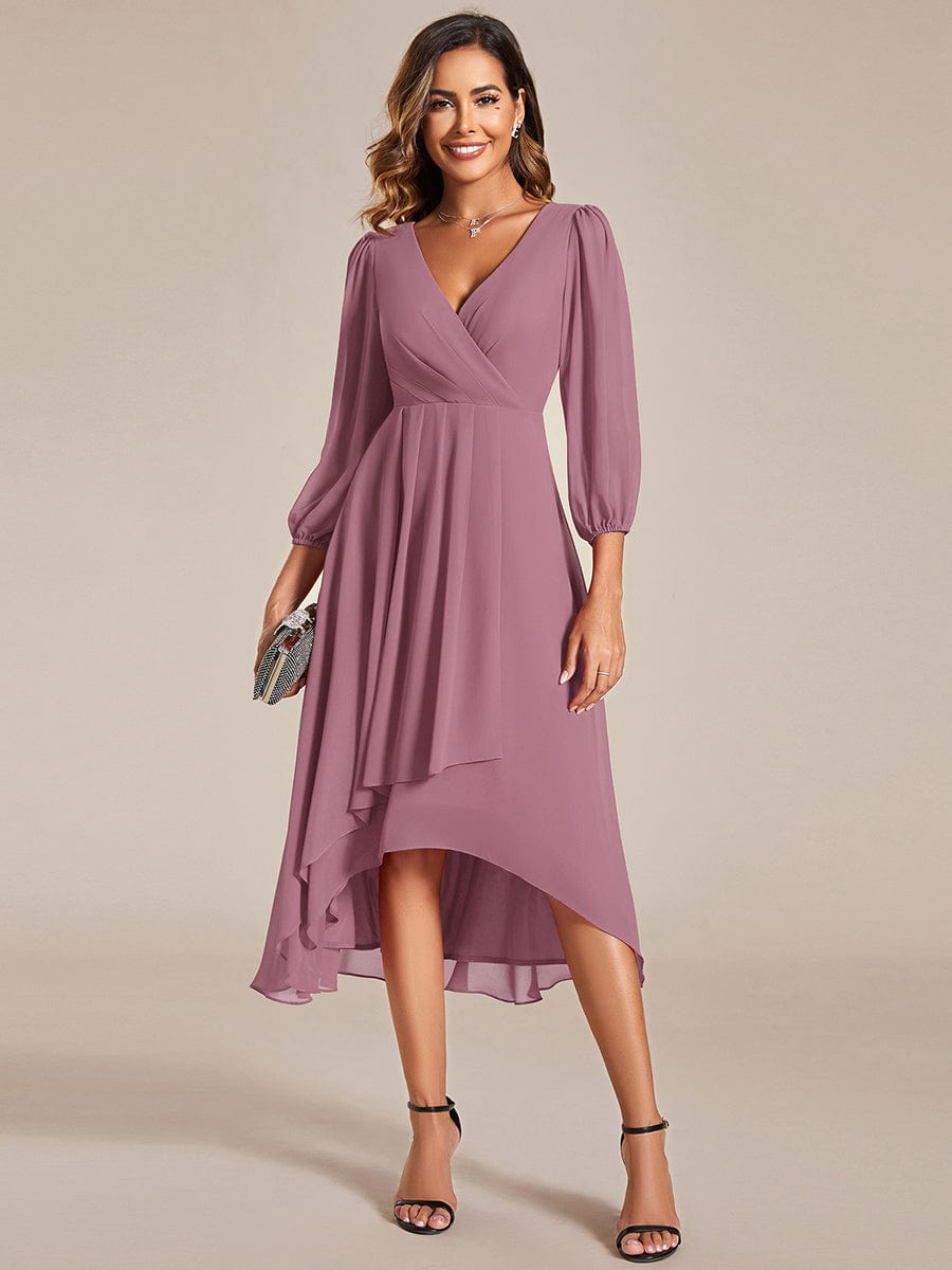 Chiffon Long Sleeve V-Neck High-Low Wedding Guest Dress #color_Purple Orchid