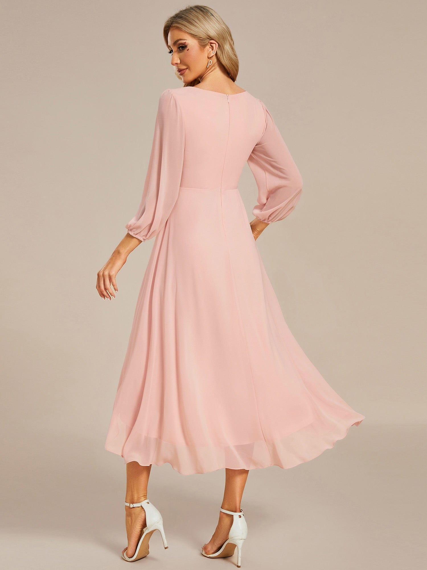 Chiffon Long Sleeve V-Neck High-Low Wedding Guest Dress #color_Pink