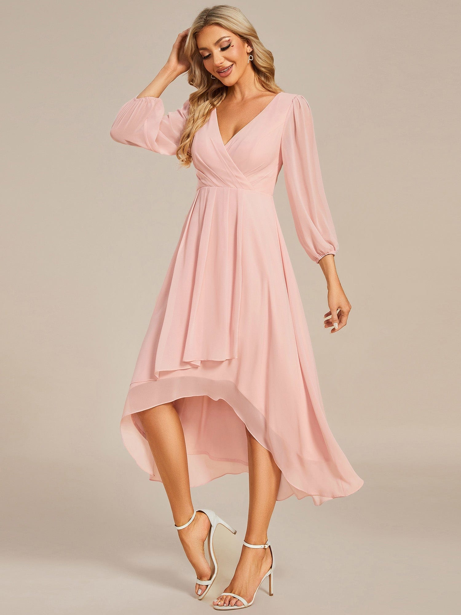 Chiffon Long Sleeve V-Neck High-Low Wedding Guest Dress #color_Pink