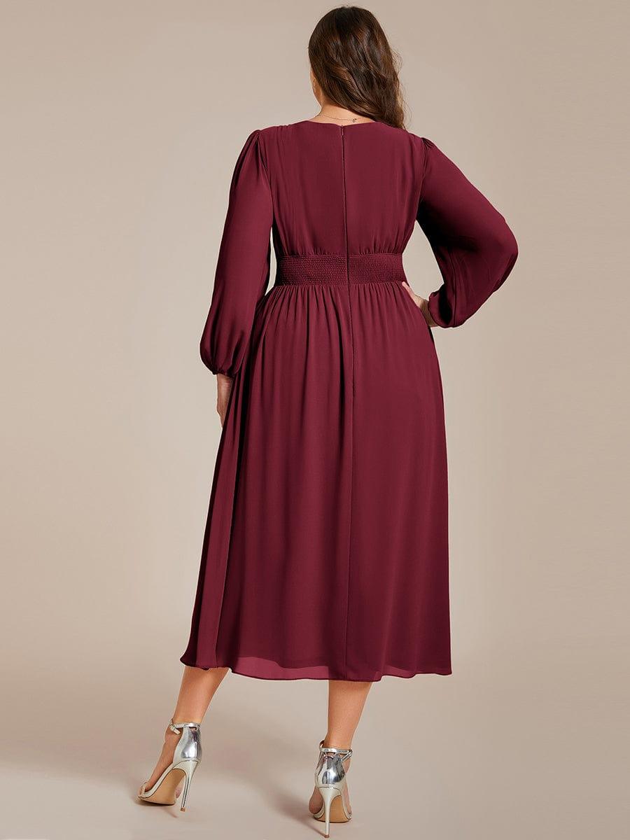 Plus Size Elegant V Neck Long Sleeves Midi Wedding Guest Dress #color_Burgundy