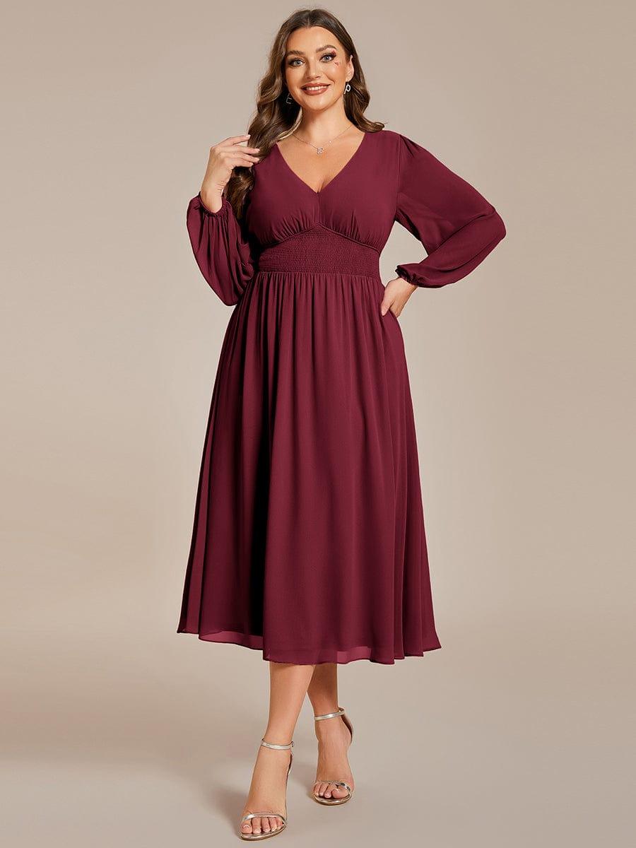 Plus Size Elegant V Neck Long Sleeves Midi Wedding Guest Dress #color_Burgundy