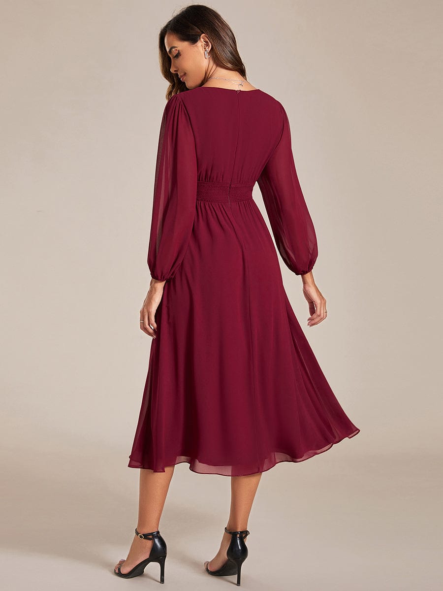 Elegant V Neck Long Sleeves Midi Wedding Guest Dress #color_Burgundy