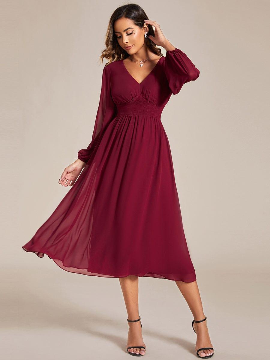 Elegant V Neck Long Sleeves Midi Wedding Guest Dress #color_Burgundy