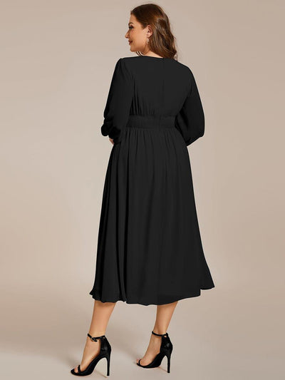 Plus Size Elegant V Neck Long Sleeves Midi Wedding Guest Dress #color_Black