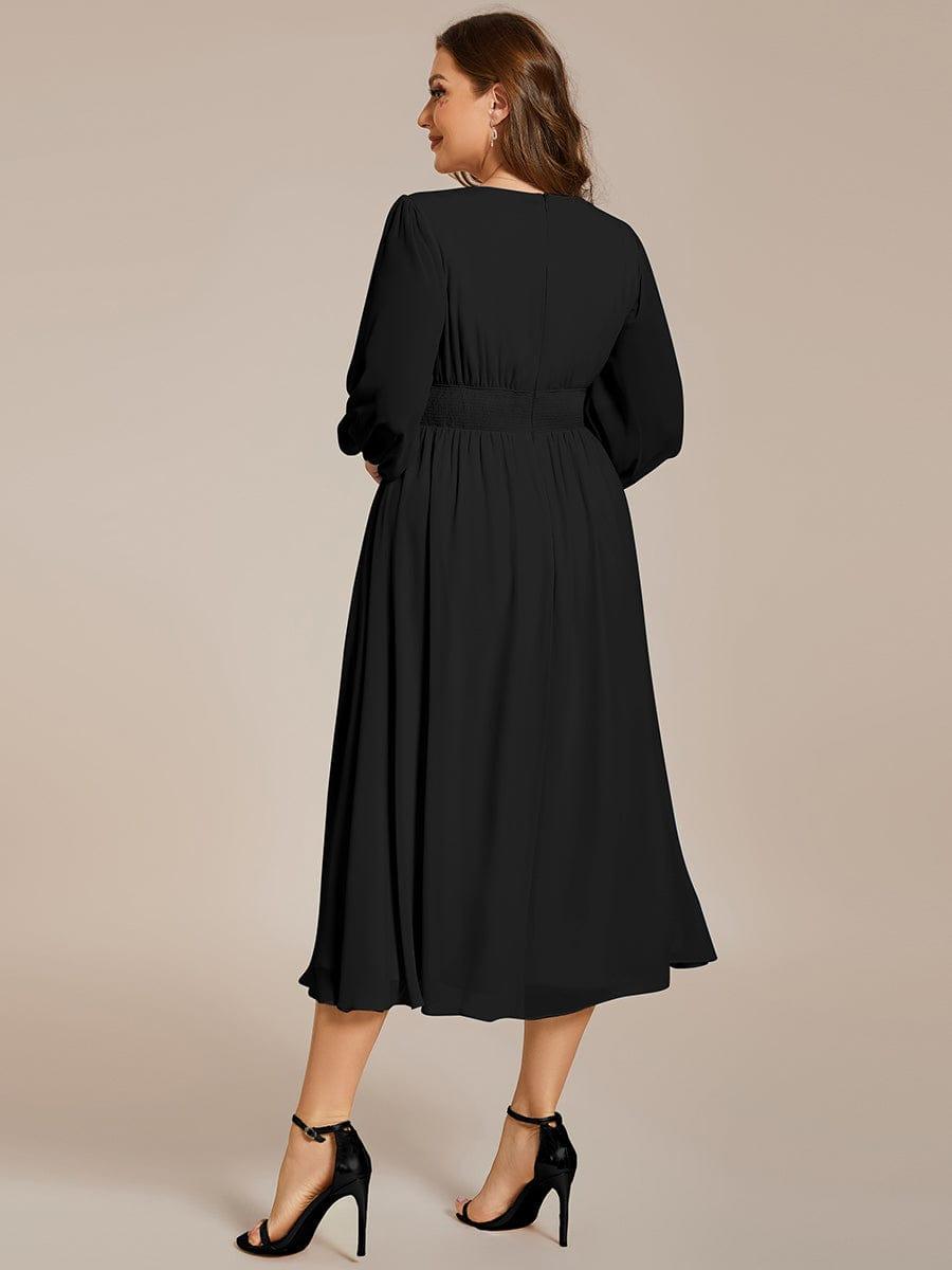 Plus Size Elegant V Neck Long Sleeves Midi Wedding Guest Dress #color_Black