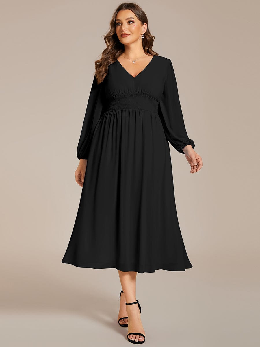 Plus Size Elegant V Neck Long Sleeves Midi Wedding Guest Dress #color_Black