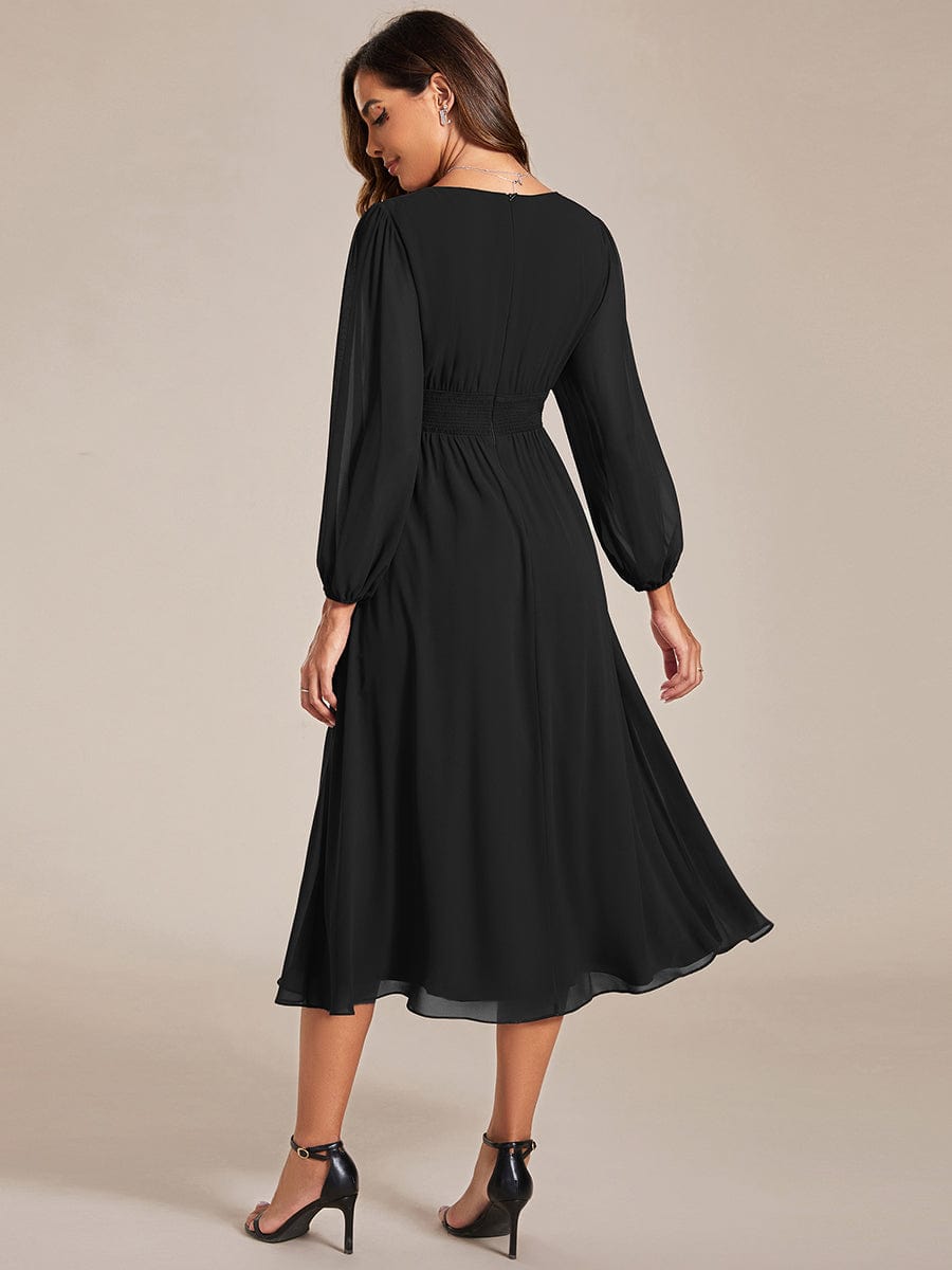 Elegant V Neck Long Sleeves Midi Wedding Guest Dress #color_Black
