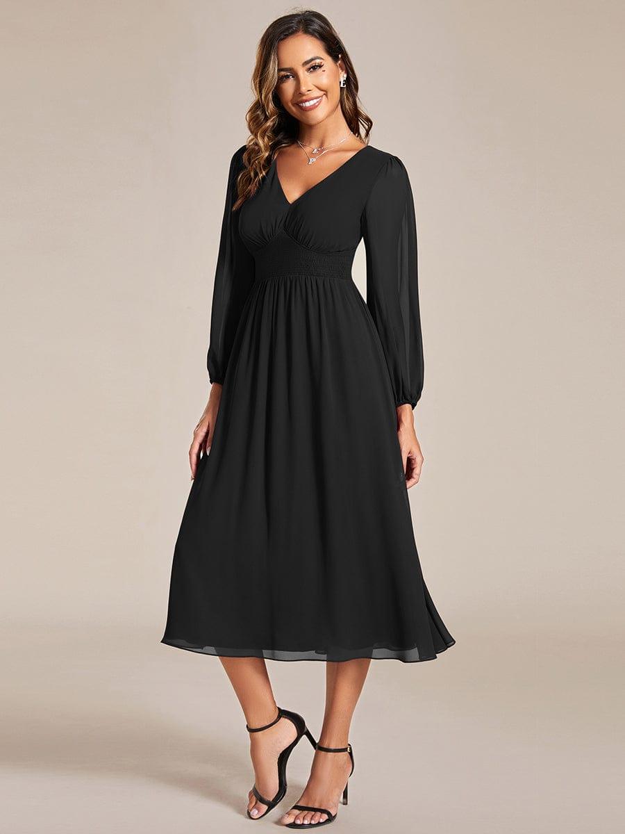 Elegant V Neck Long Sleeves Midi Wedding Guest Dress #color_Black