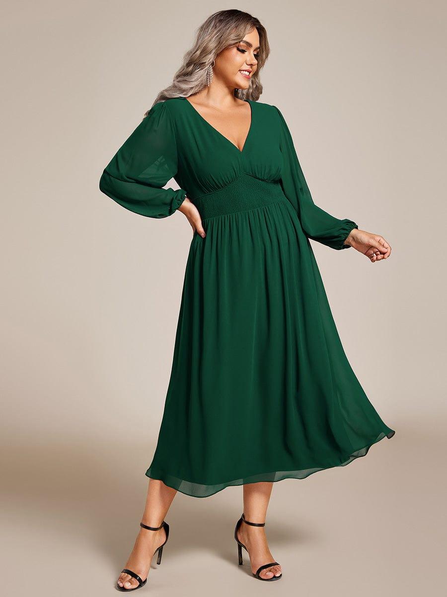 Plus Size Elegant V Neck Long Sleeves Midi Wedding Guest Dress #color_Dark Green