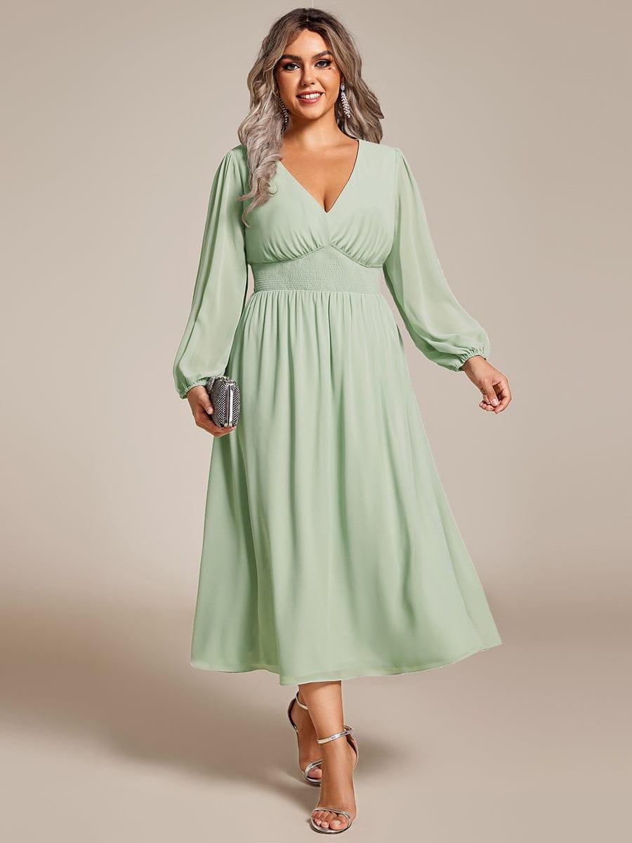 Plus Size Elegant V Neck Long Sleeves Midi Wedding Guest Dress #color_Mint Green