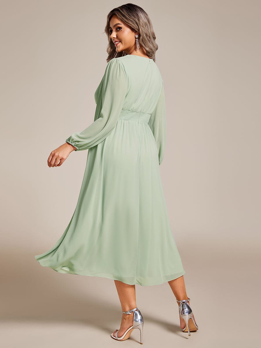 Plus Size Elegant V Neck Long Sleeves Midi Wedding Guest Dress #color_Mint Green